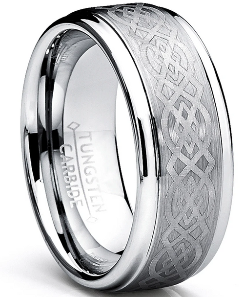 8mm Tungsten carbide ring with celtic design on a white background