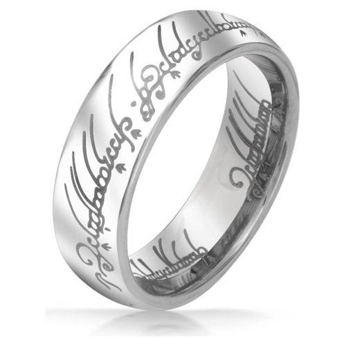 Silver ring with engraved text on a white background