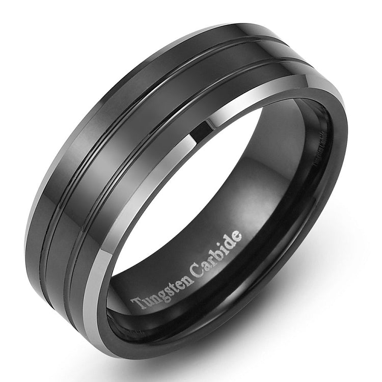 black tungsten ring with two grooves