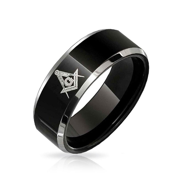 Black ring with Masonic symbol on a white background