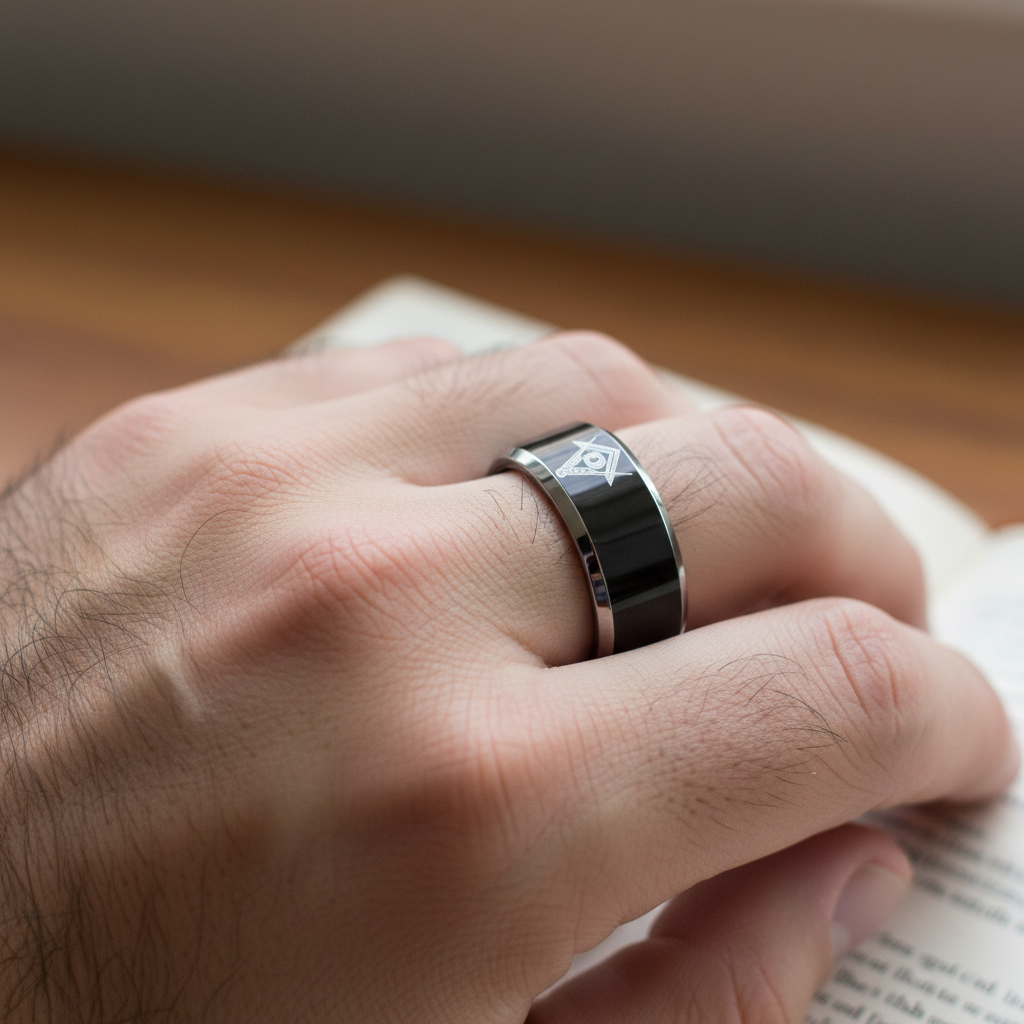 Masonic 8mm Black Tungsten Carbide Beveled Ring
