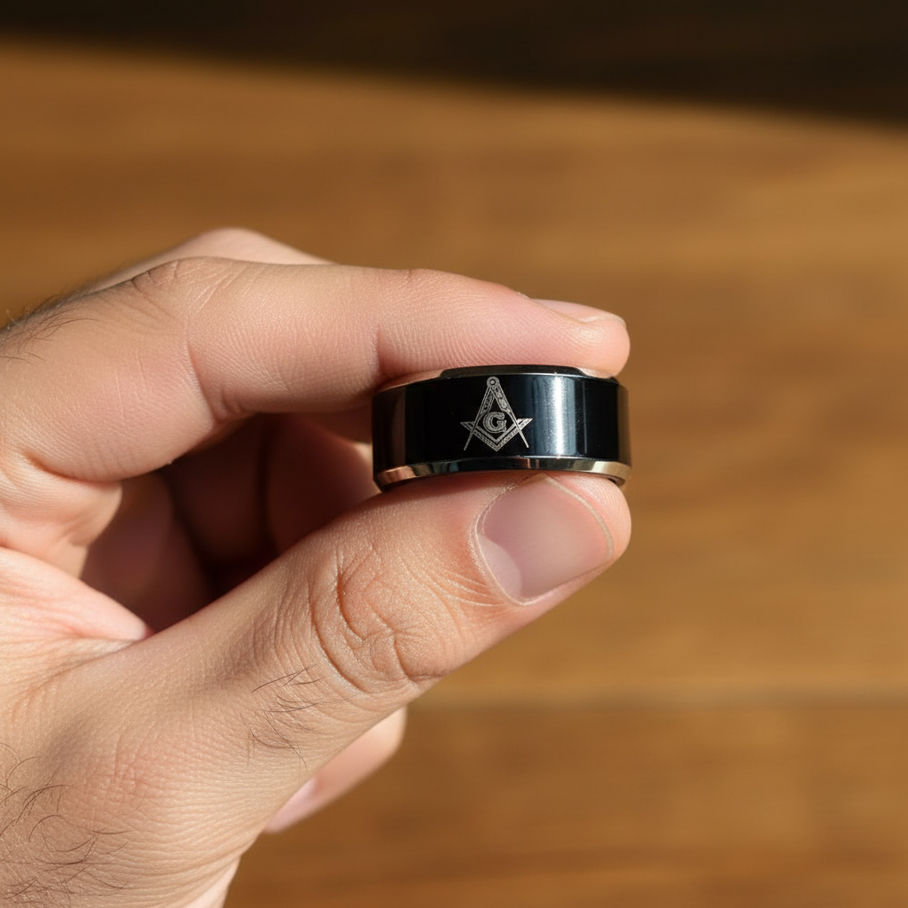 Masonic 8mm Black Tungsten Carbide Beveled Ring