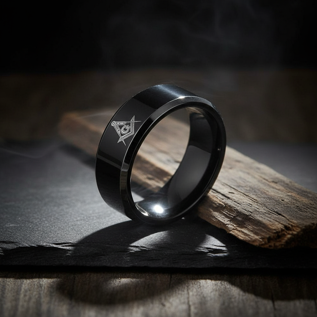 Masonic 8mm Black Tungsten Carbide Beveled Ring