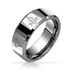 Silver ring with Masonic symbol and 8mm width on a white background