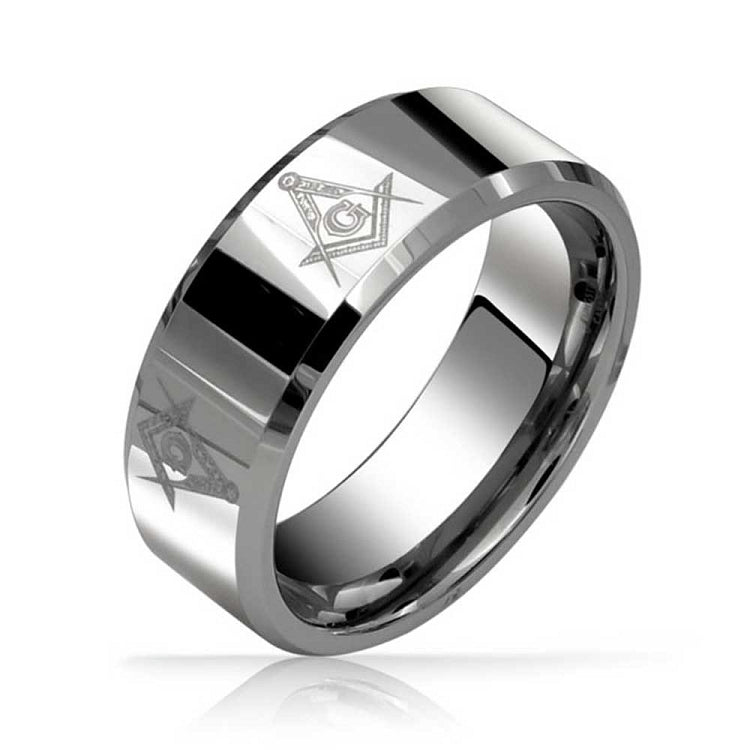 Masonic 8mm Tungsten Carbide Beveled Ring