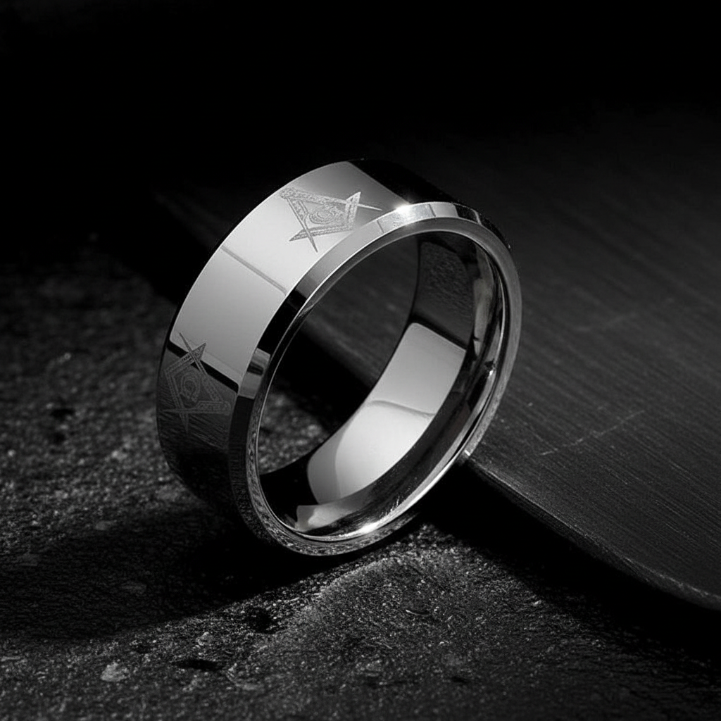 Masonic 8mm Tungsten Carbide Beveled Ring