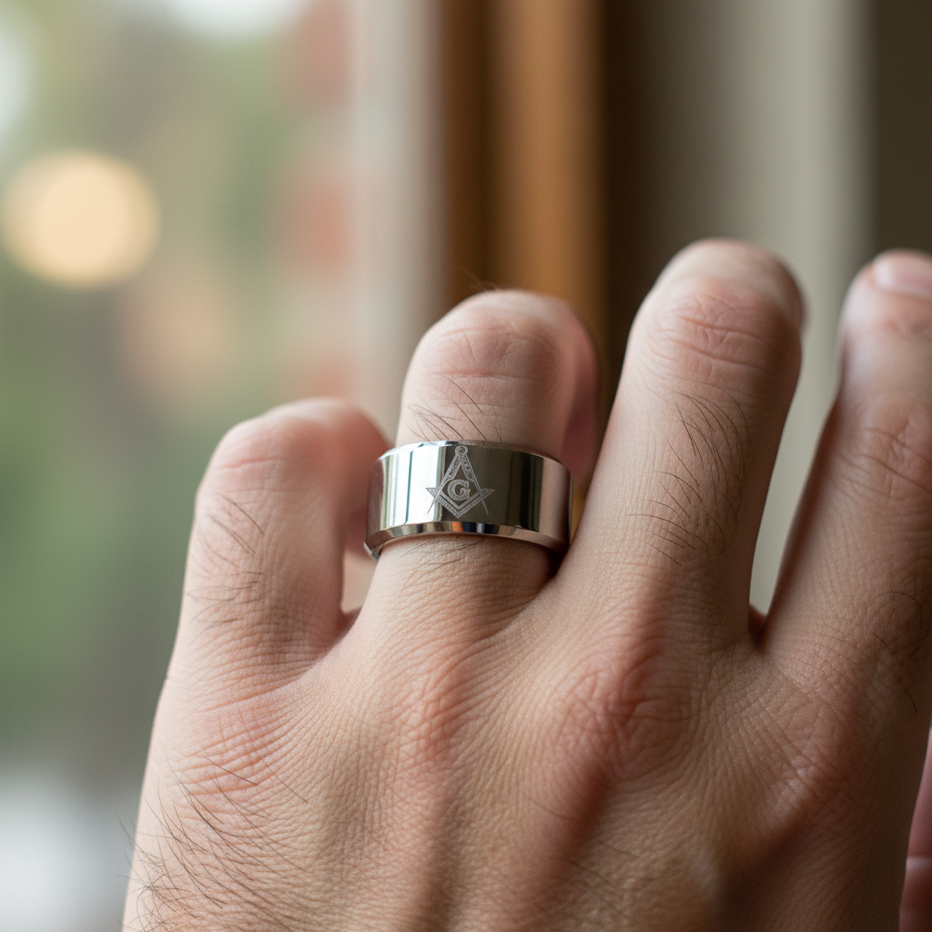 Masonic 8mm Tungsten Carbide Beveled Ring