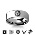 Silver ring with United States Navy emblem on a white background