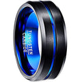 Tungsten carbide ring with blue interior and black exterior on a white background