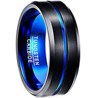 Tungsten carbide ring with blue interior and black exterior on a white background