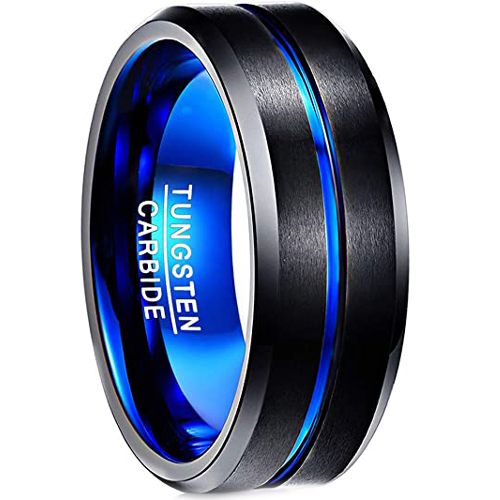Cypress Blue and Black Beveled Tungsten Ring 8mm