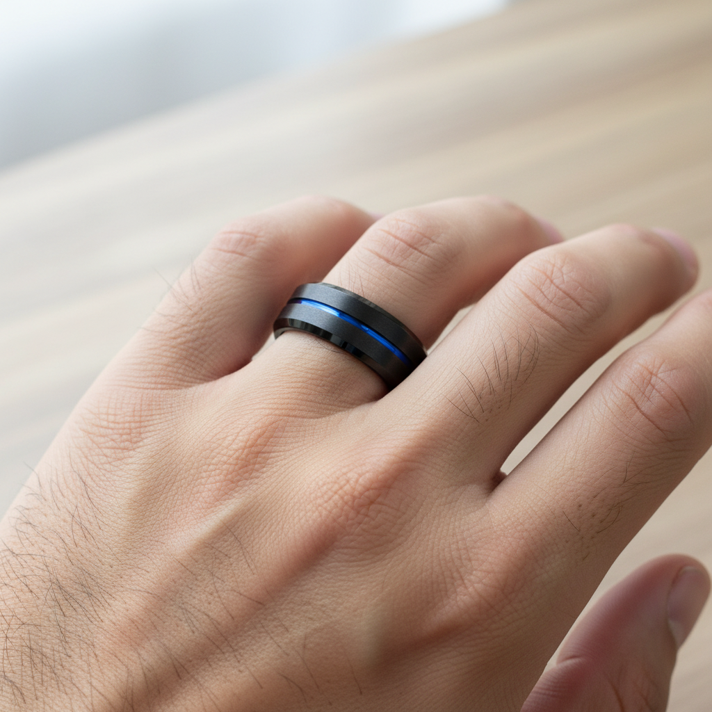 Cypress Blue and Black Beveled Tungsten Ring 8mm