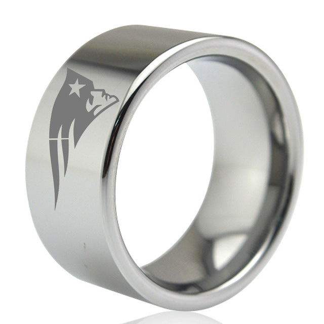 Silver ring with patriots engraved logo on a white background