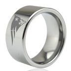 Silver ring with patriots engraved logo on a white background