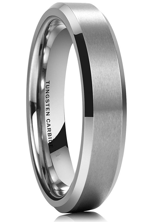Silver tungsten carbide ring on a white background