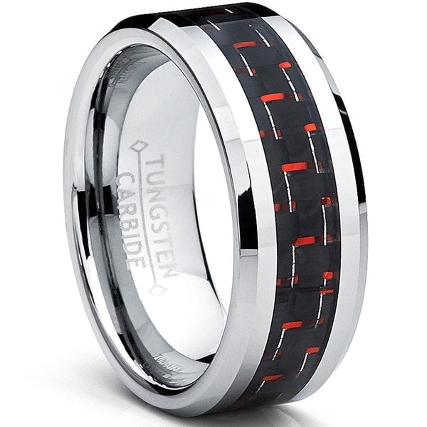 Tungsten carbide ring checkered red and black with carbon fiber inlay on a white background