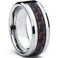Tungsten carbide ring checkered red and black with carbon fiber inlay on a white background