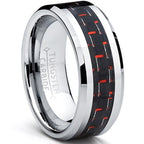 Tungsten carbide ring checkered red and black with carbon fiber inlay on a white background