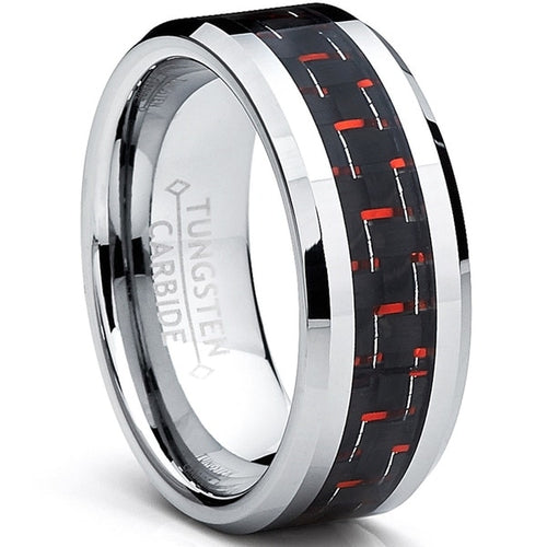Tungsten carbide ring checkered red and black with carbon fiber inlay on a white background