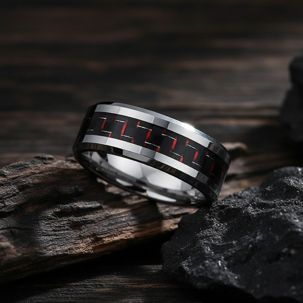 Red and Black 8mm Tungsten Carbide Band