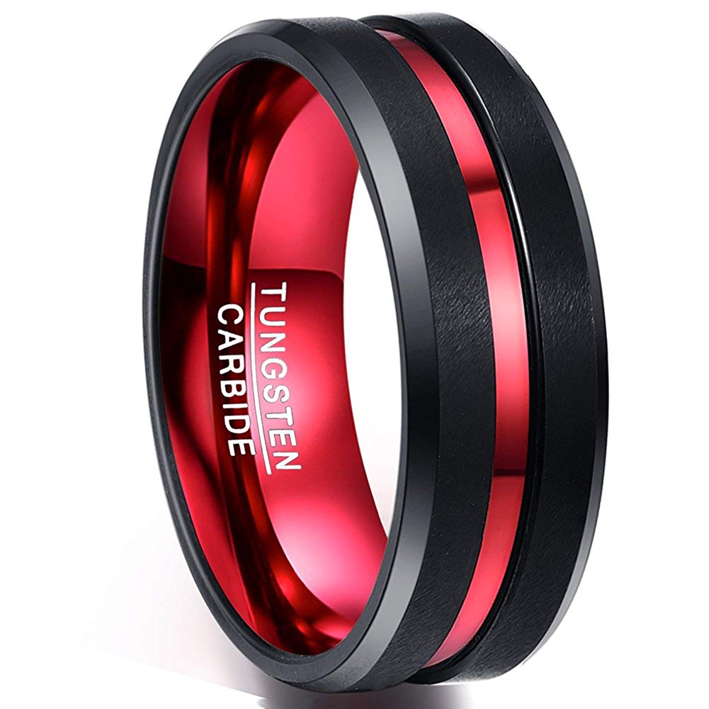 Tungsten carbide ring with red interior and black exterior on a white background