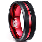 Tungsten carbide ring with red interior and black exterior on a white background