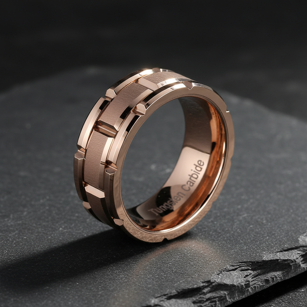 Rose Gold Brick 8mm Beveled Tungsten Ring