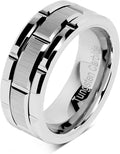 Brick pattern silver 8mm Tungsten carbide ring with a white background