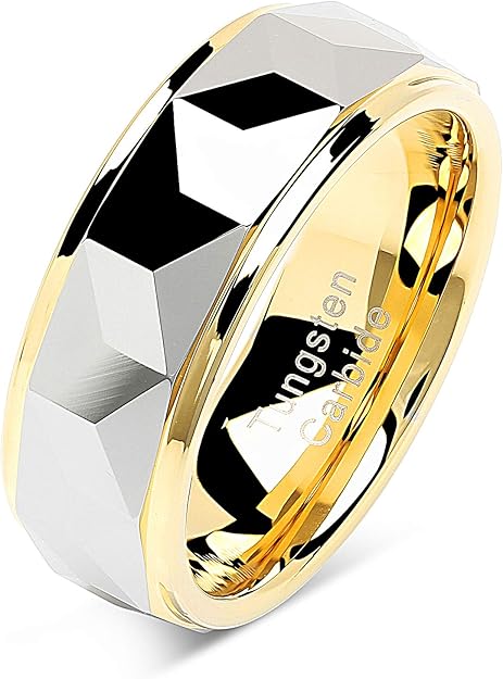 Faced 8mm Silver and Gold Tungsten Ring