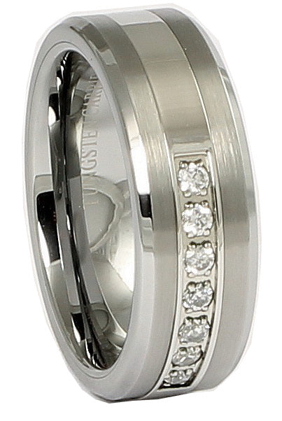 Silver ring with diamond accents on a white background