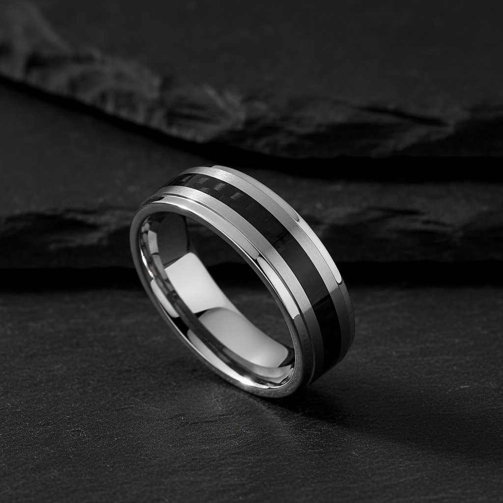 Silver ring with a black stripe on a white background