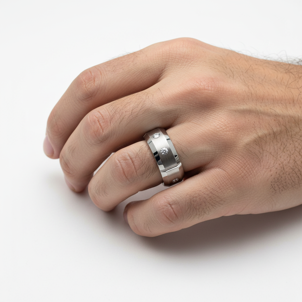 Armon Manly Band Tungsten Ring 8mm with CZ Stones