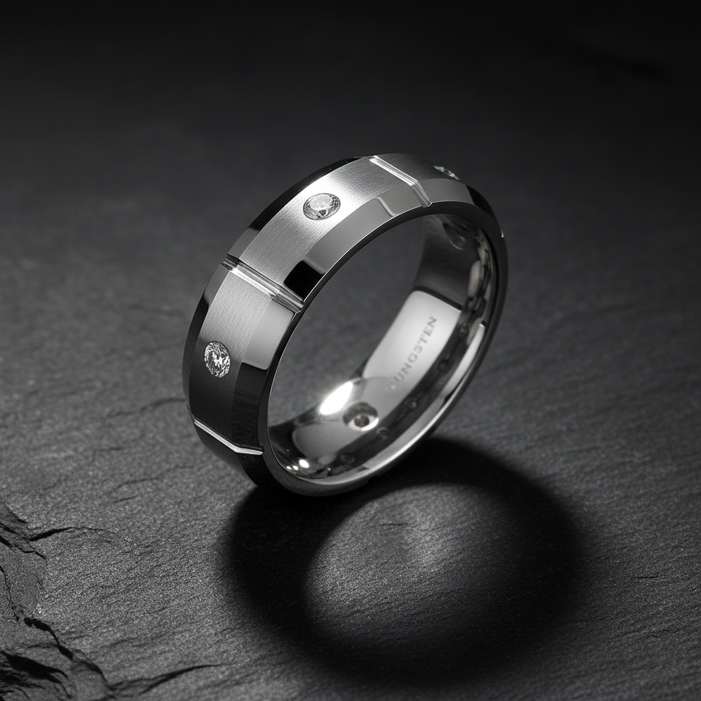 Armon Manly Band Tungsten Ring 8mm with CZ Stones